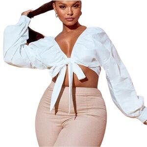 ✨ PrettyLittleThing Plus White Tie Front Ruched Cropped Blouse NWT Sz 16 ✨